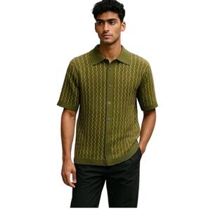 Coney Island Button Down Knit Olive Green Men's Short Sleeve Shirt